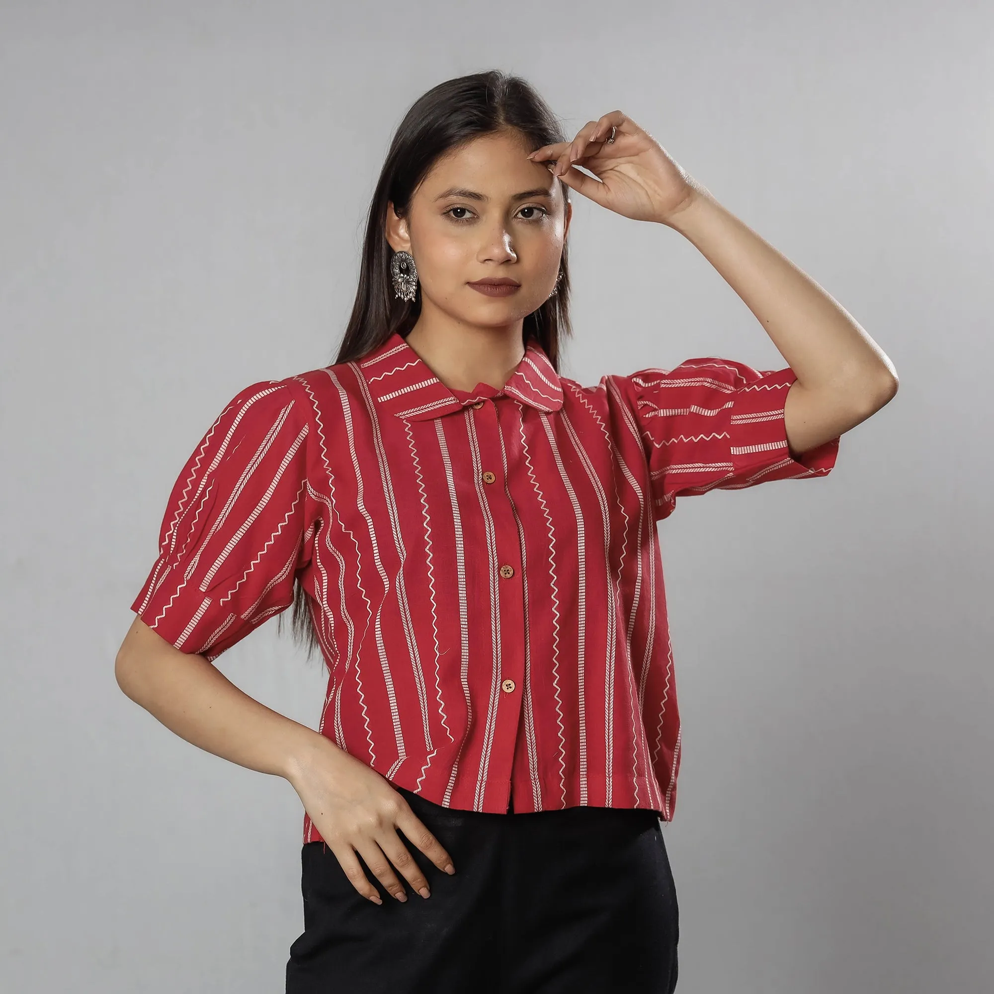 Red - Jacquard Half Sleeve Cotton Crop Top