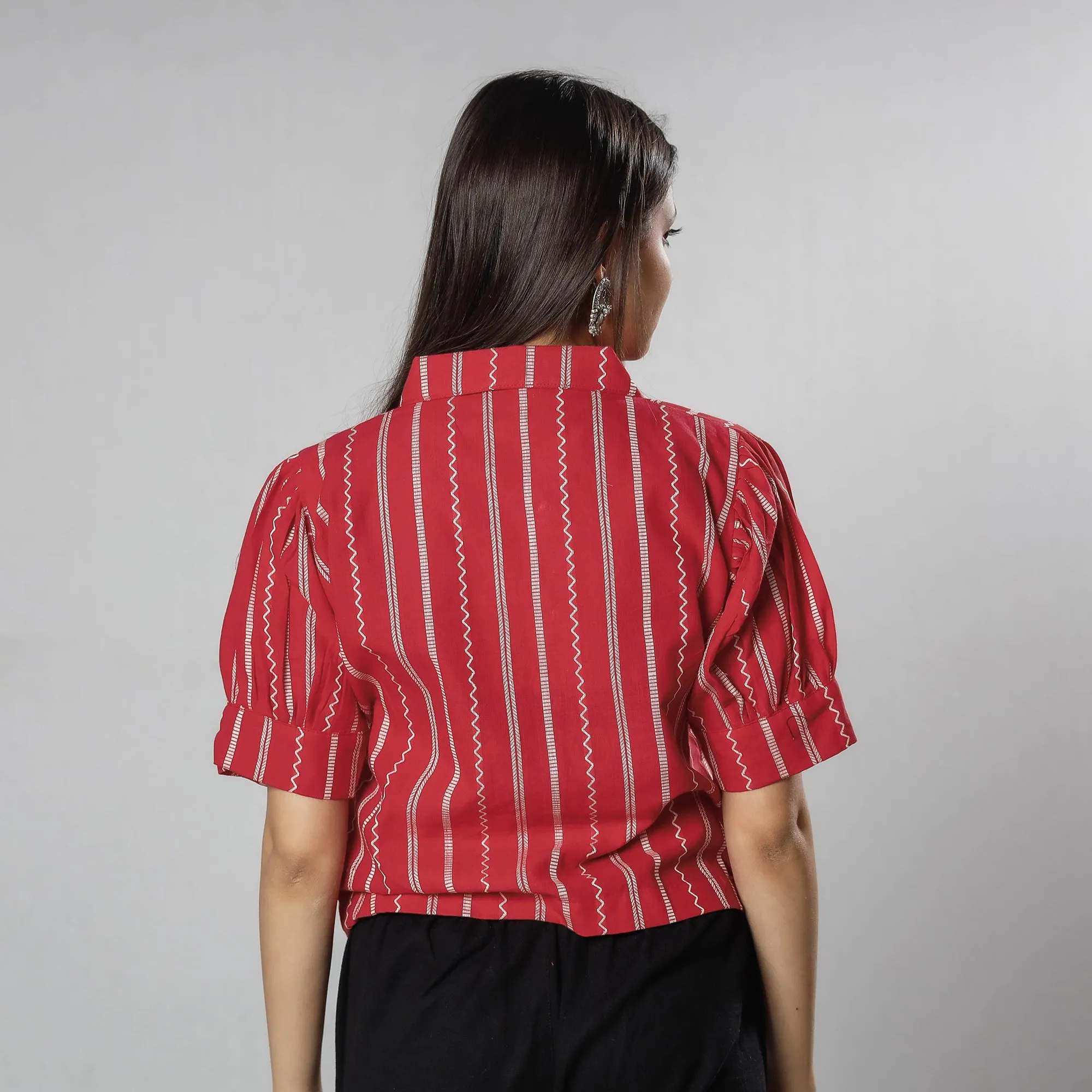 Red - Jacquard Half Sleeve Cotton Crop Top