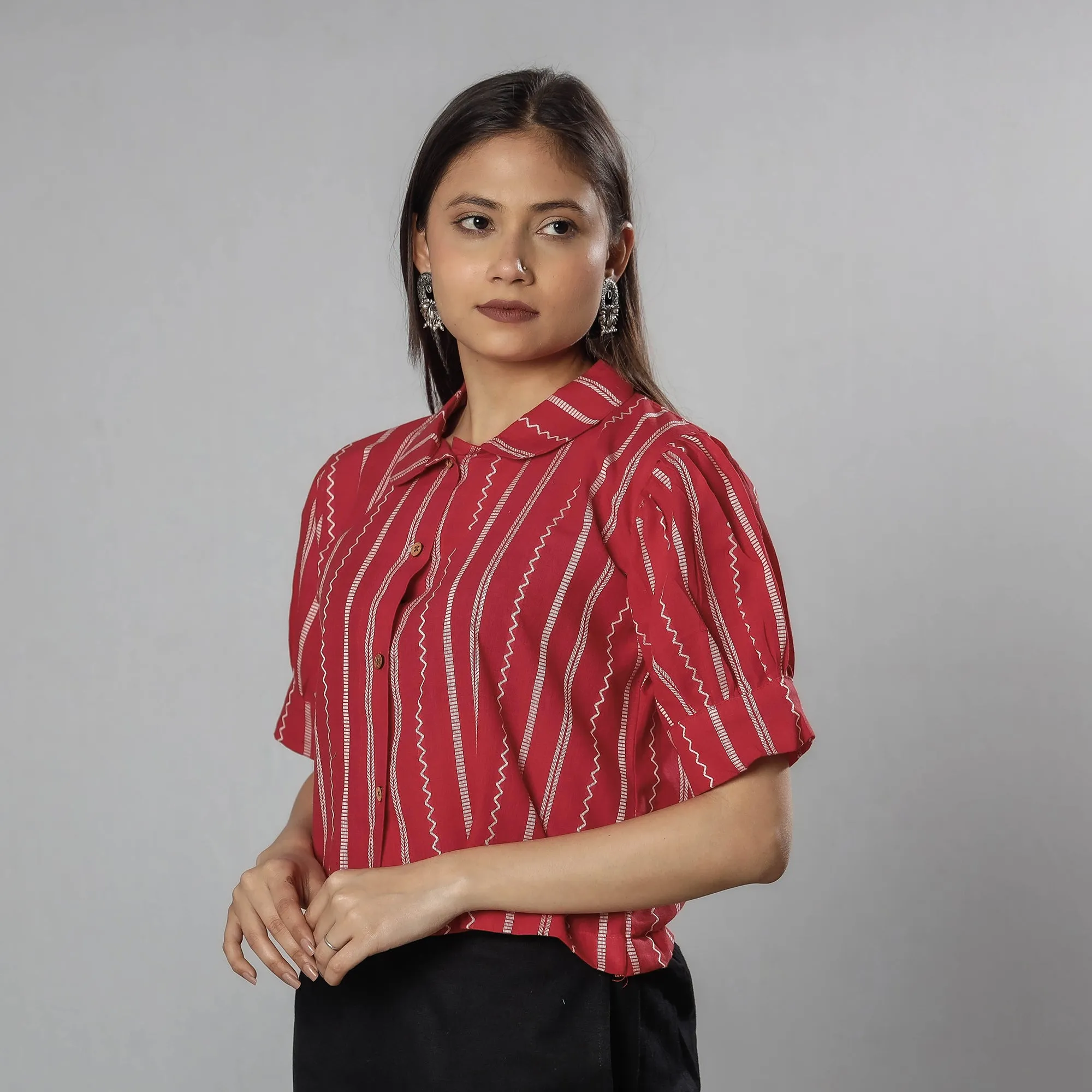 Red - Jacquard Half Sleeve Cotton Crop Top