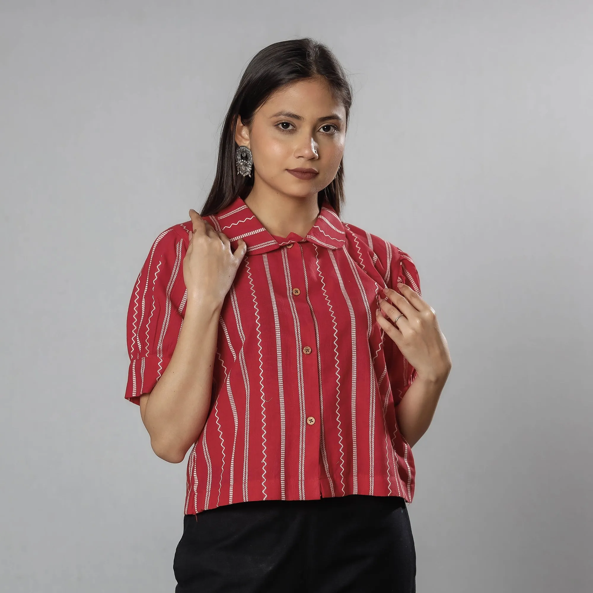 Red - Jacquard Half Sleeve Cotton Crop Top