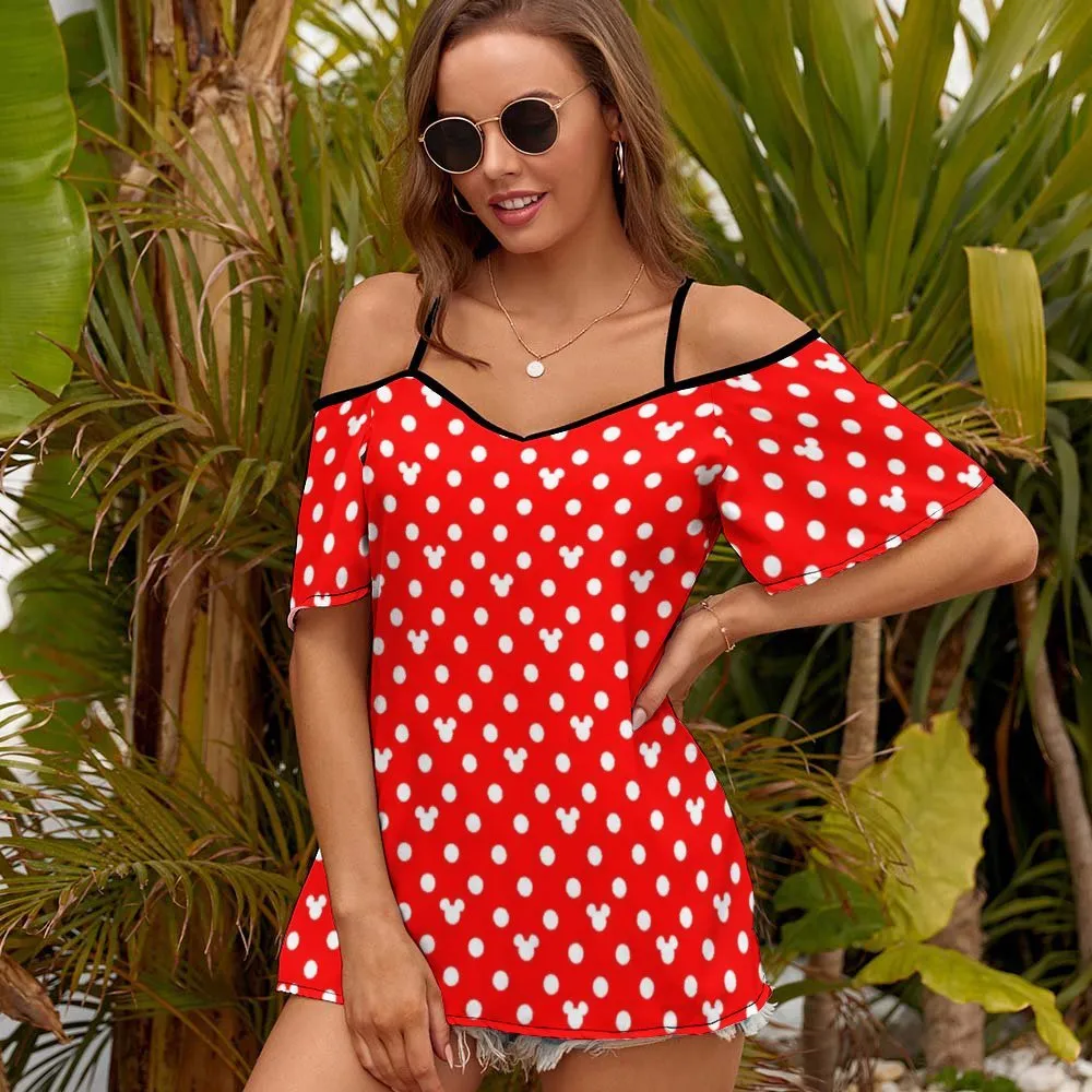 Red With White Mickey Polka Dots Women's Off-Shoulder Cold Shoulder Camisole Top