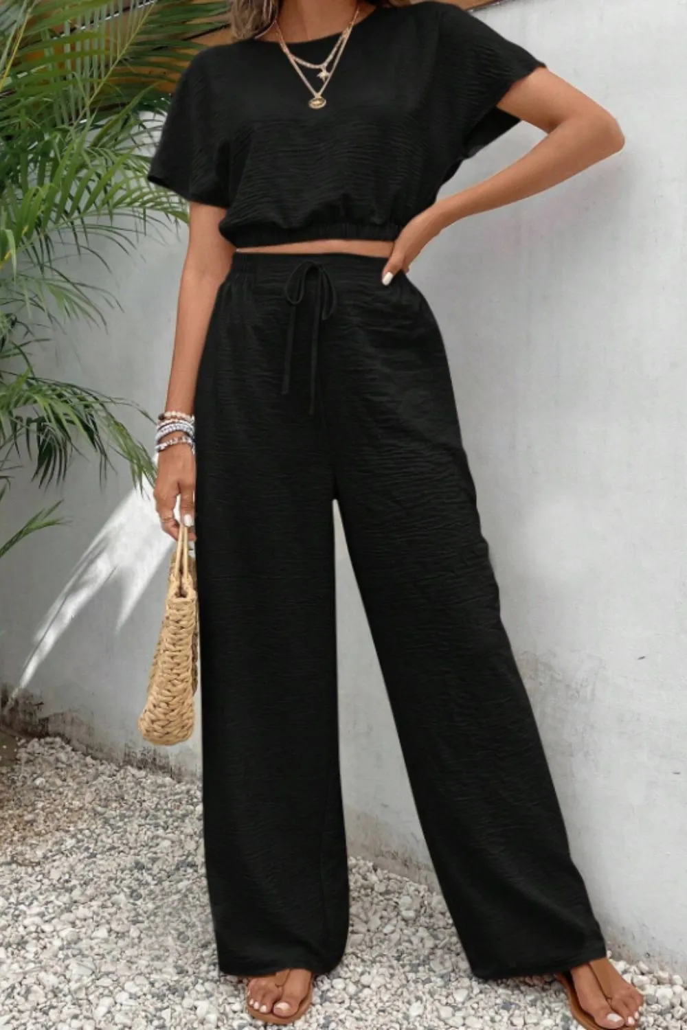 Round Neck Short Sleeve Top and Pants Set