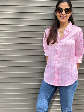 Satin Pink Check Print Women's Work Shirt