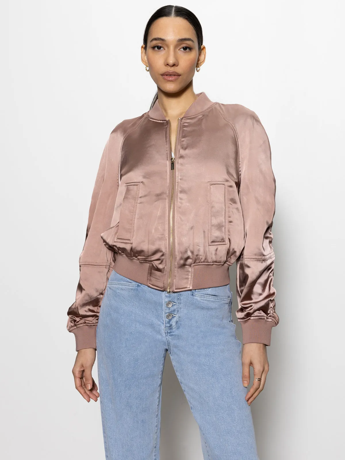 Satin Ruched Bomber Jacket Rose Gold