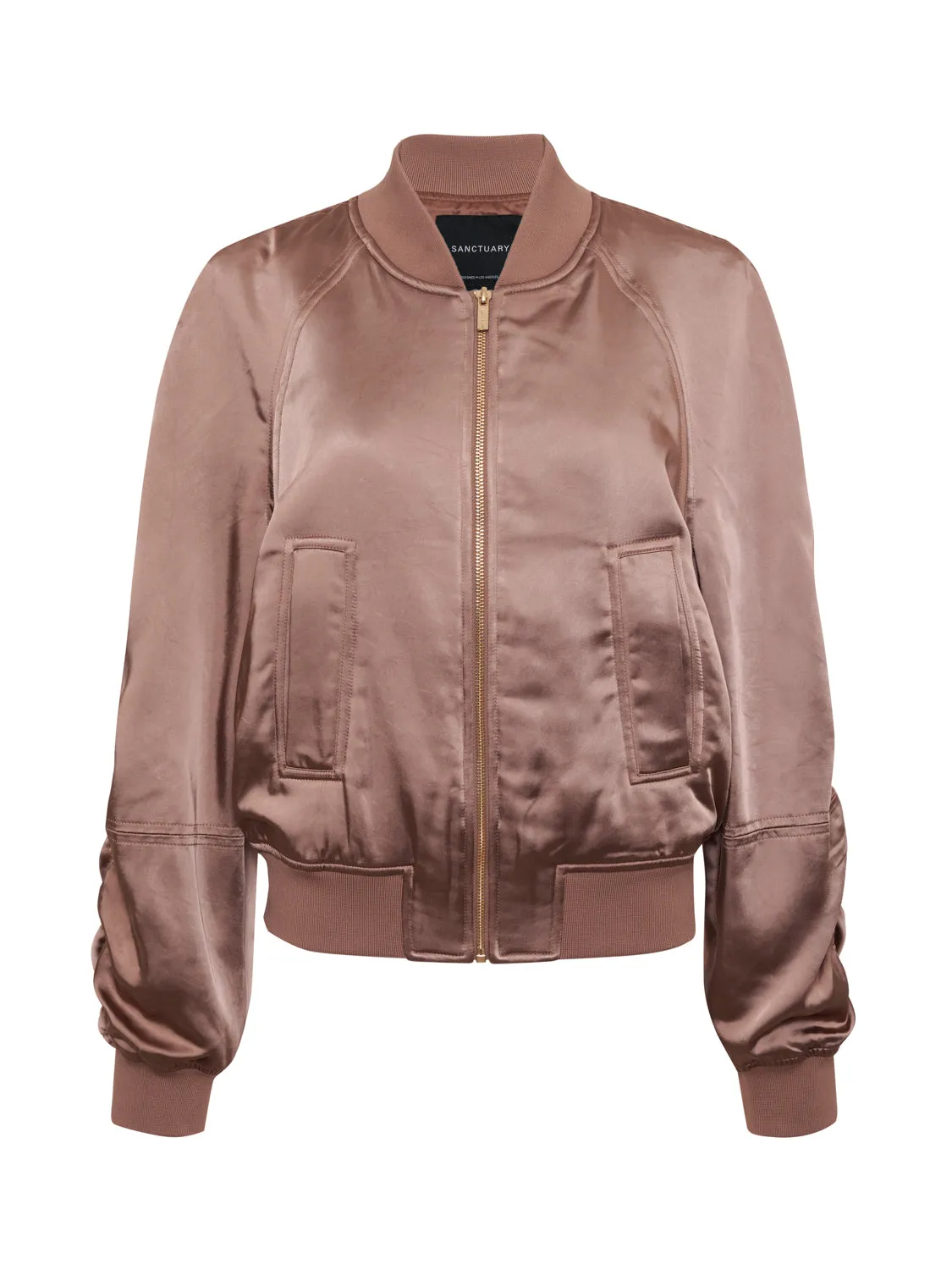 Satin Ruched Bomber Jacket Rose Gold