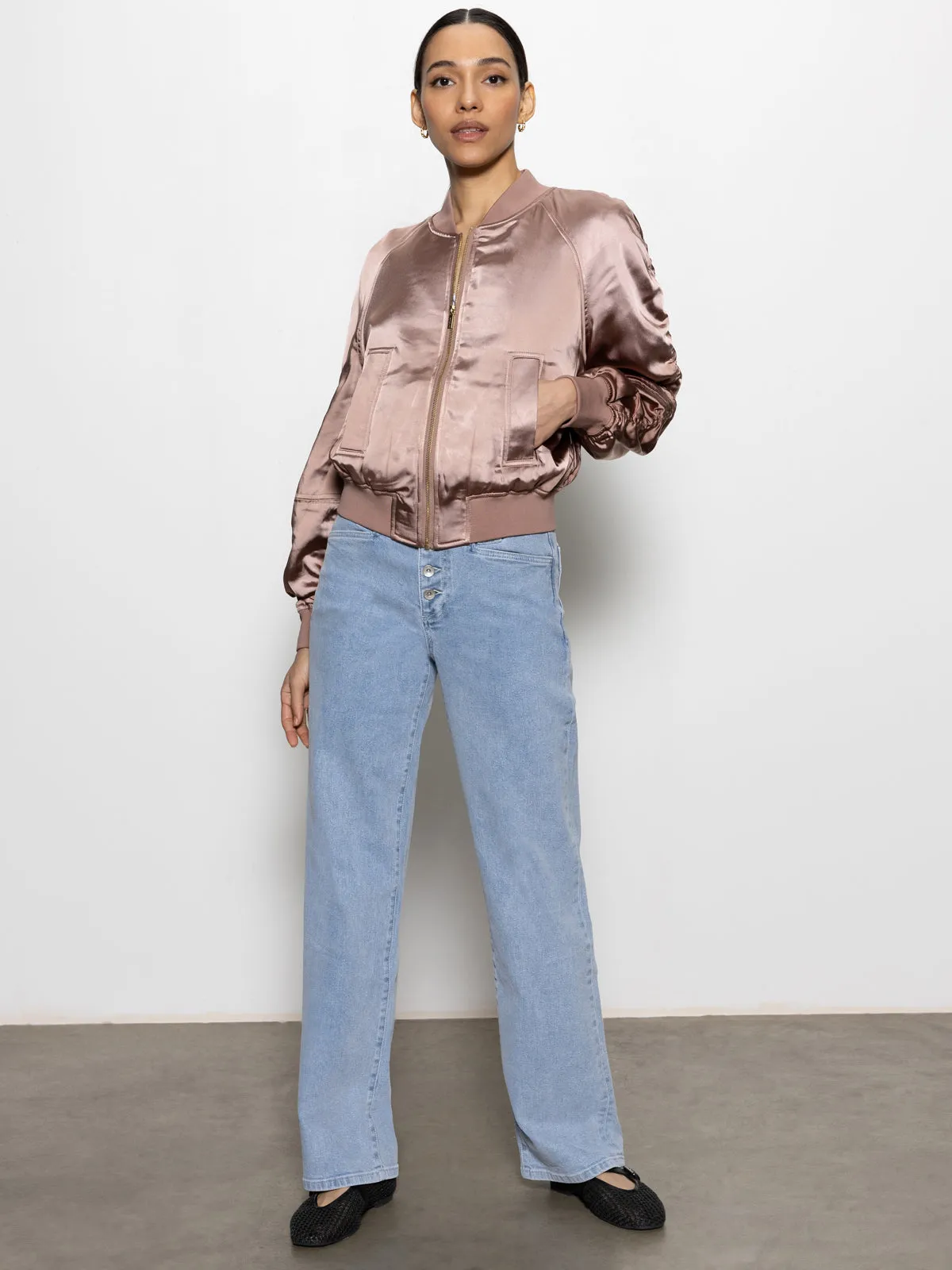 Satin Ruched Bomber Jacket Rose Gold