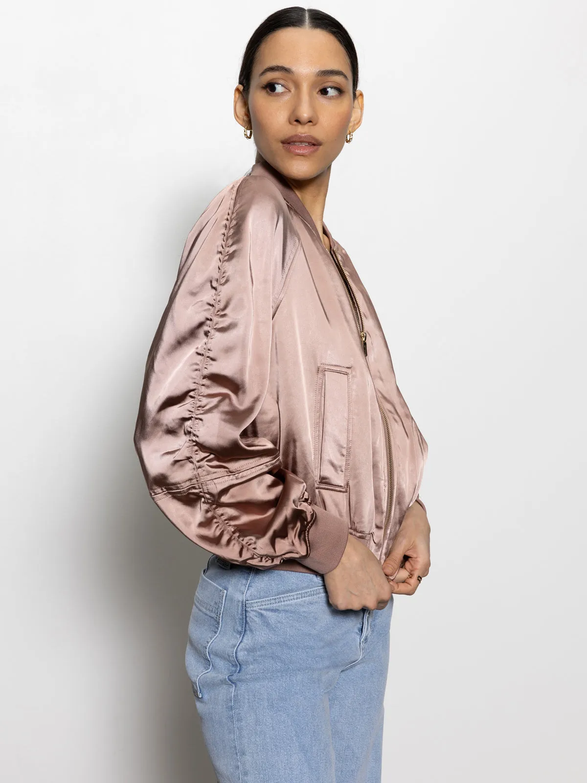 Satin Ruched Bomber Jacket Rose Gold