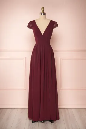 Senji Burgundy | Backless Chiffon & Lace Gown