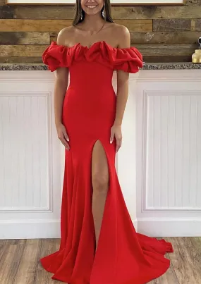 Sheath/Column Off-the-Shoulder Sleeveless Sweep Train Satin Prom Dress With Ruffles Split