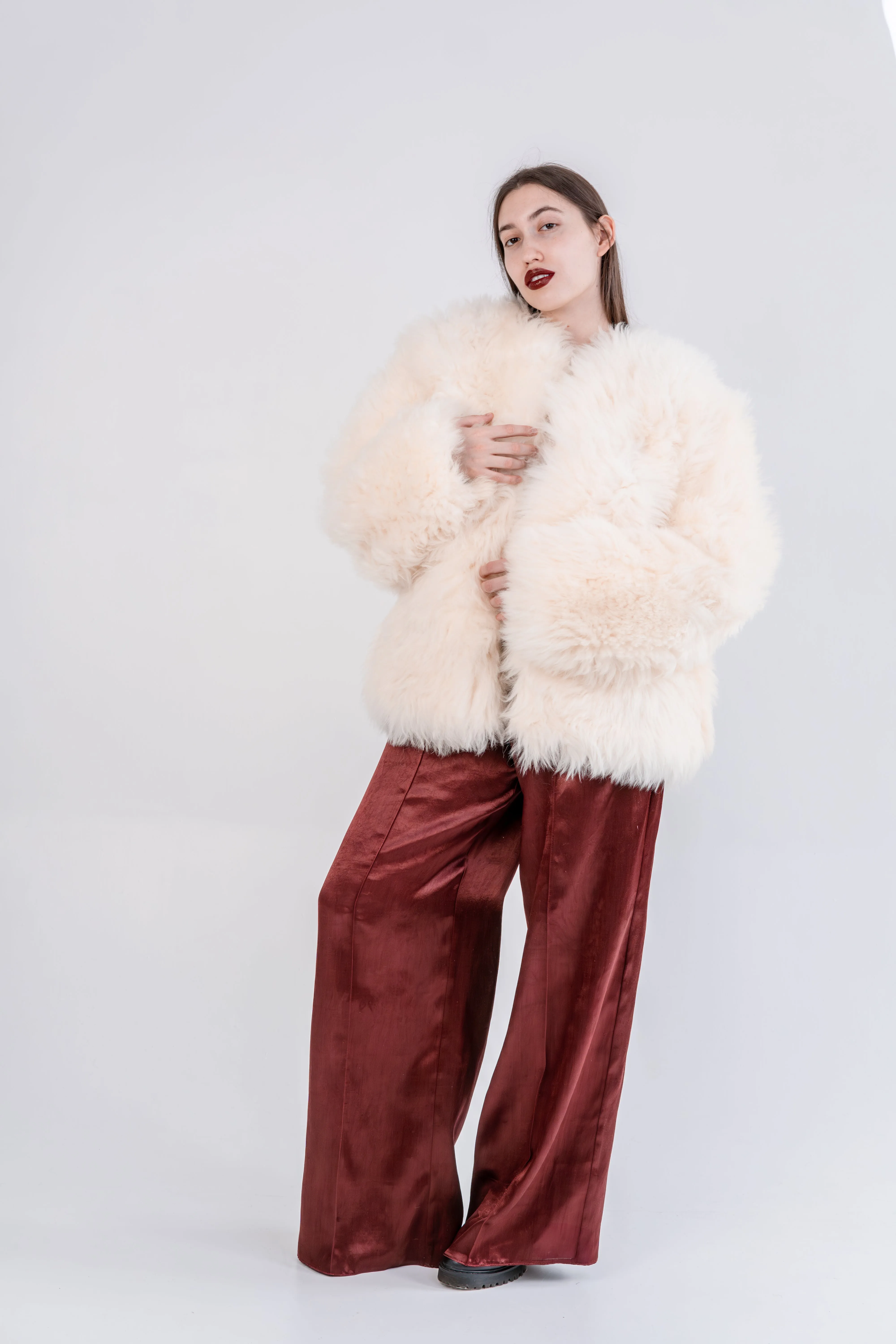 Sheepskin Coat with Burgundy Silk Lining - White