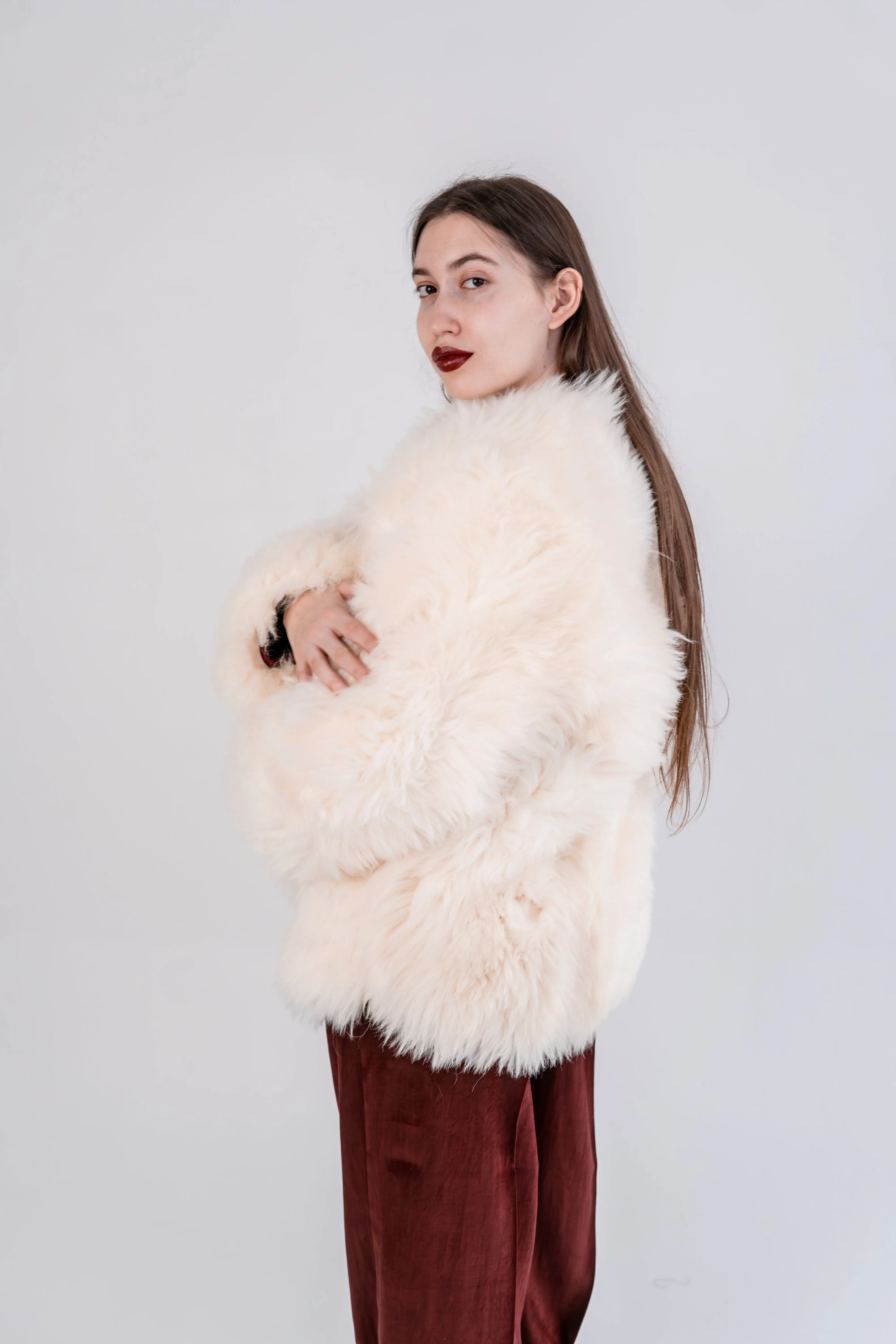 Sheepskin Coat with Burgundy Silk Lining - White