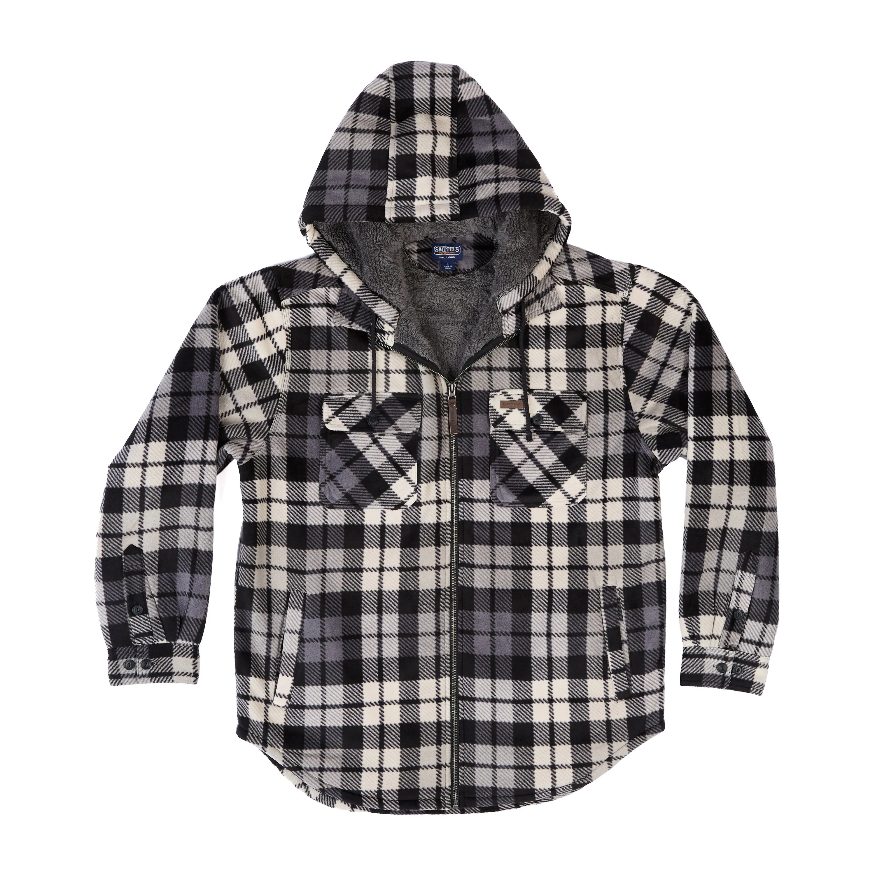 SHERPA-LINED ZIP-FRONT HOODED MICROFLEECE SHIRT-JACKET