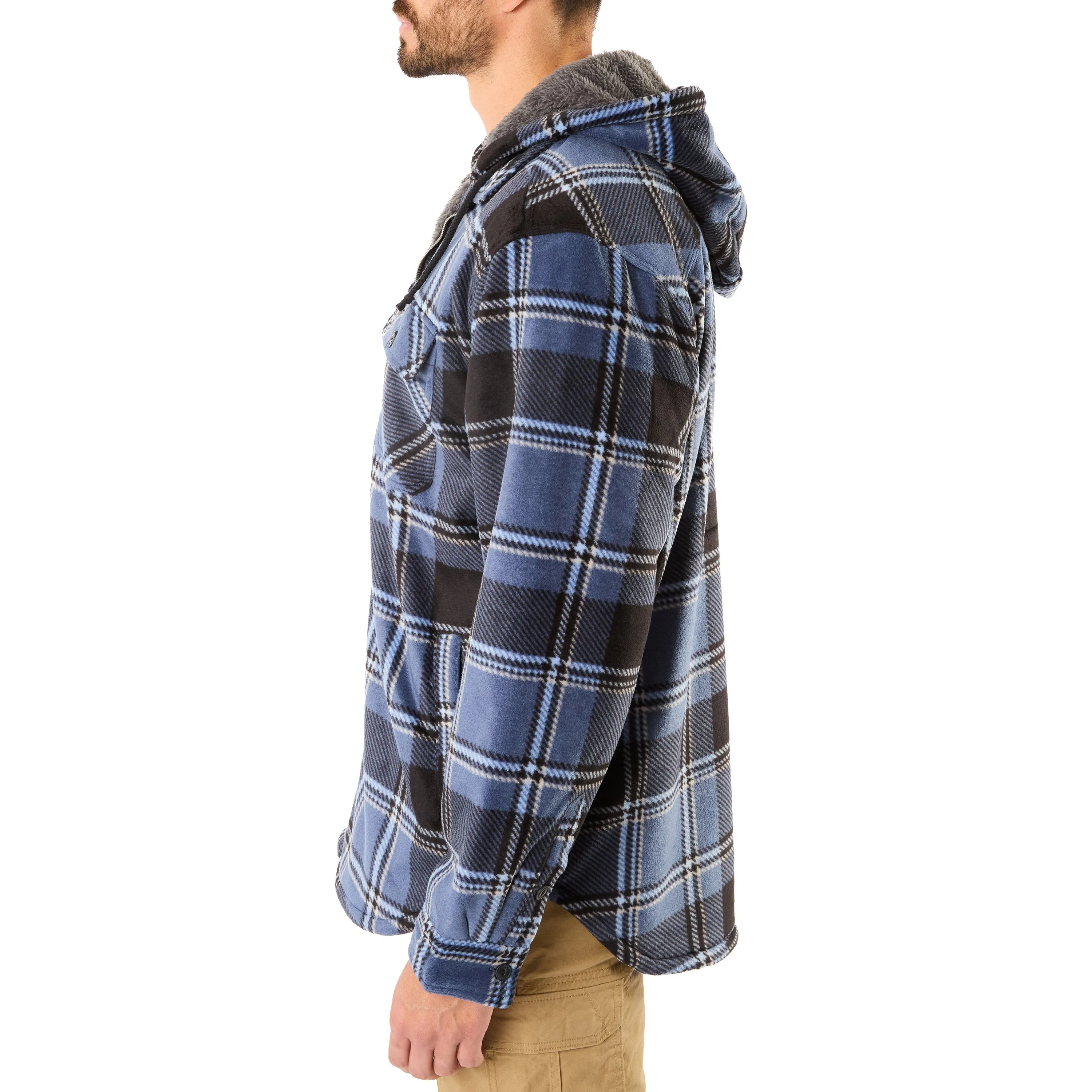 SHERPA-LINED ZIP-FRONT HOODED MICROFLEECE SHIRT-JACKET