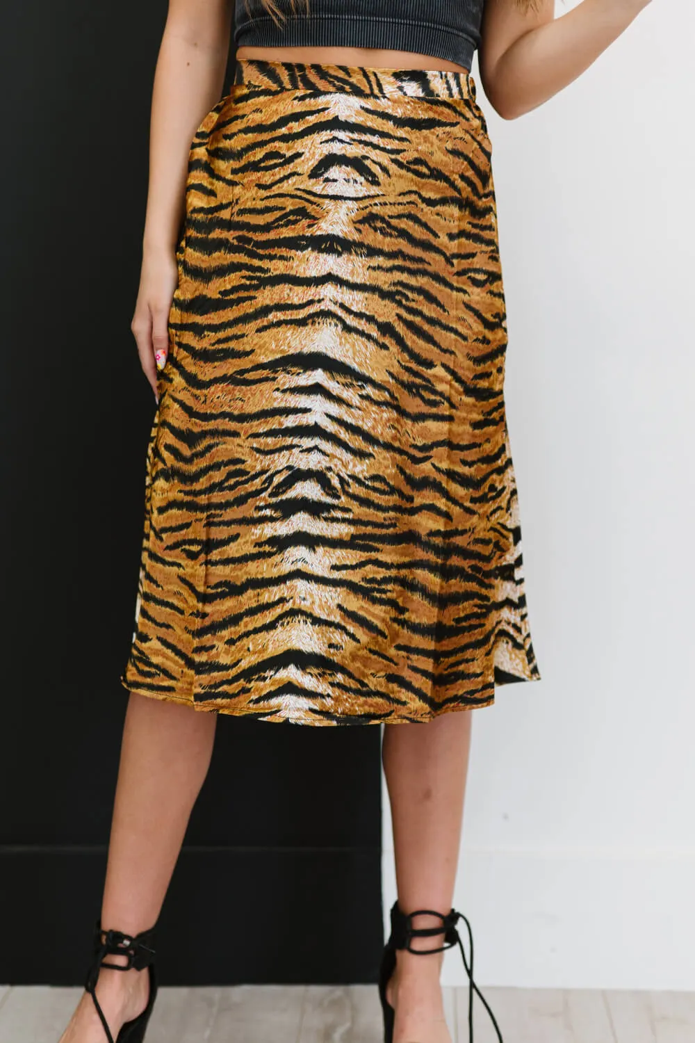 SHOPIRISBASIC Eye of the Tiger Satin Midi Skirt