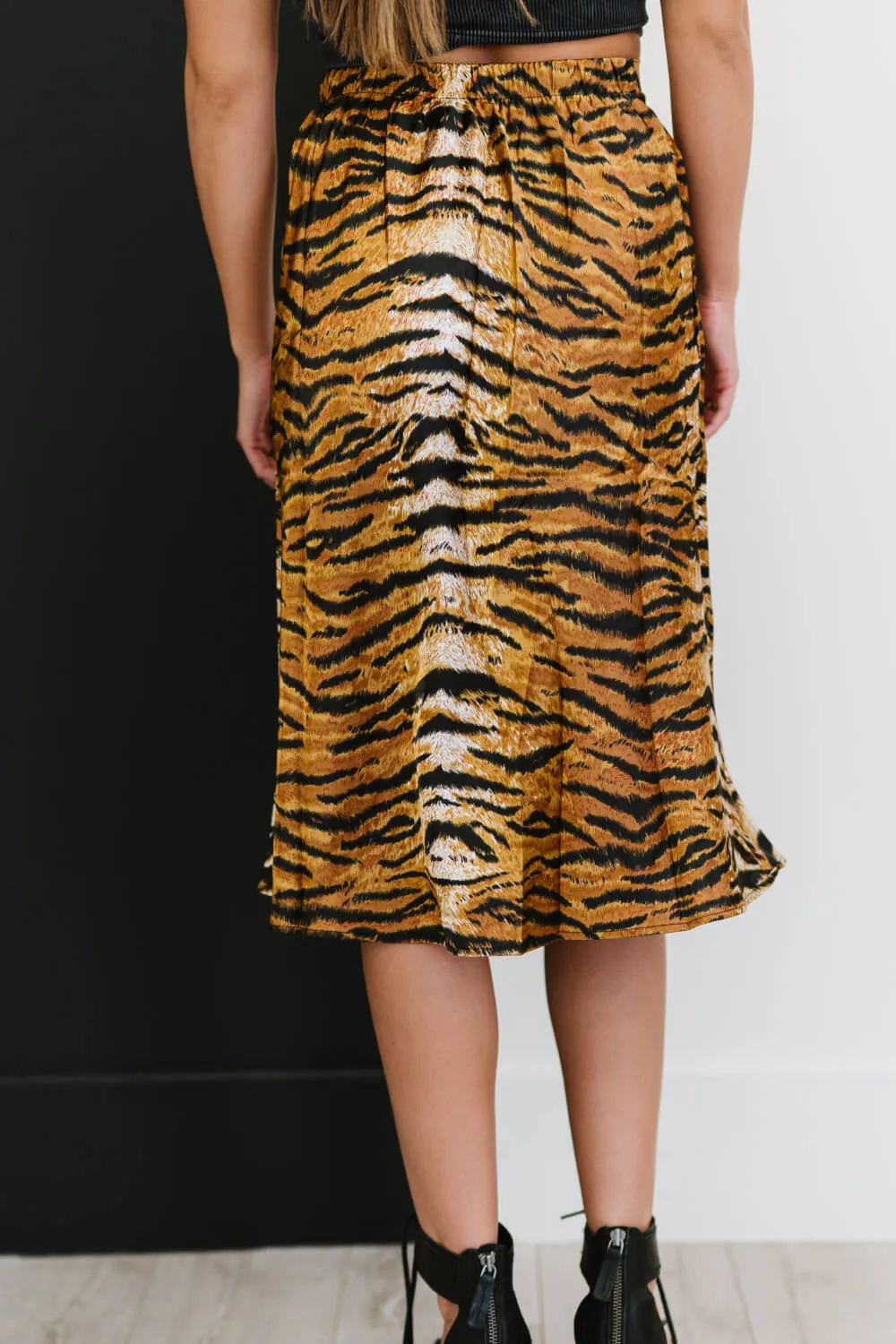 SHOPIRISBASIC Eye of the Tiger Satin Midi Skirt