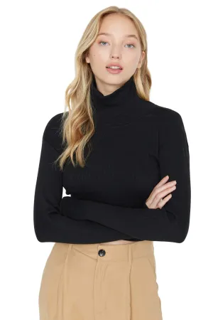 SIGHTBOMB Cotton blend Turtle Neck Thumb Hole Sleeves Crop Length Ribbed Sweater For Women's (Small-Medium, Black)