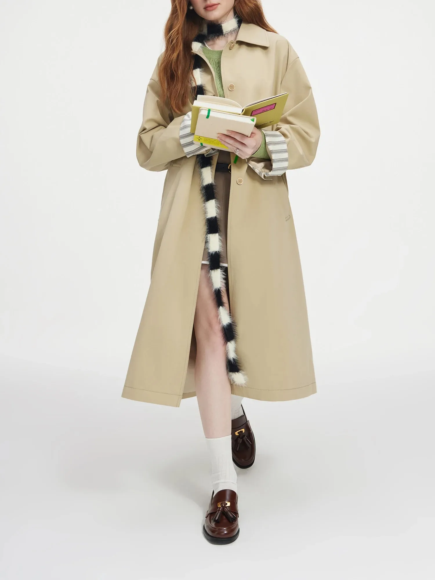 Single Breasted Korean Design Sense Contrasting Color Medium Long Stylish Coat