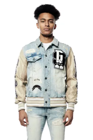 Smoke Rise Men's Varsity Vegan Leather Denim Jacket