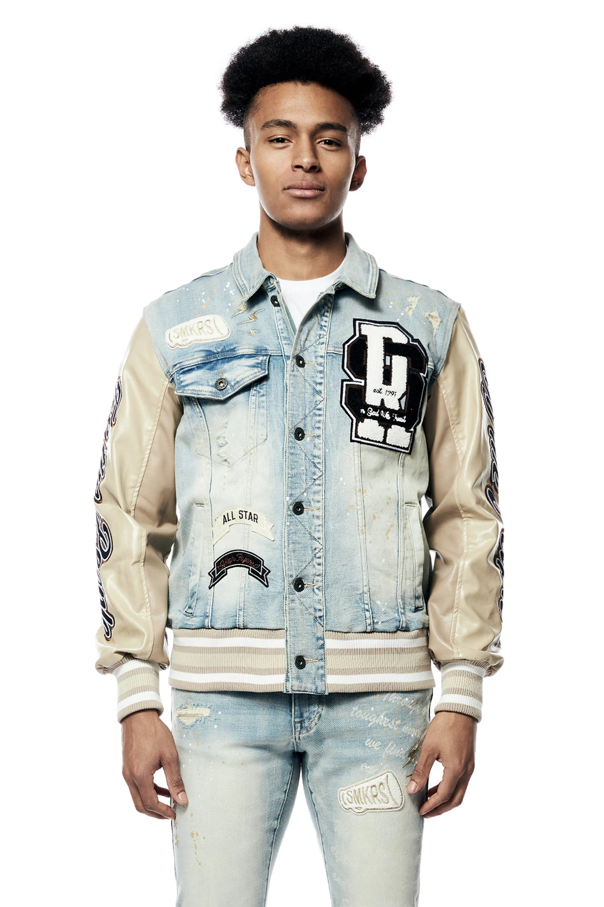 Smoke Rise Men's Varsity Vegan Leather Denim Jacket