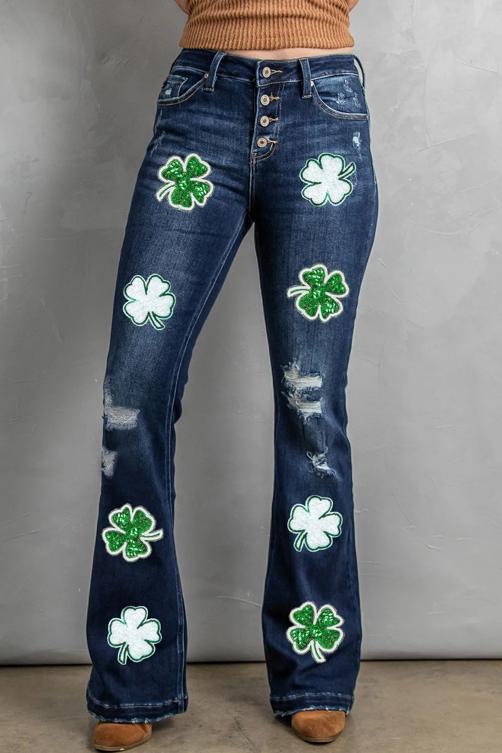 St. Patricks Clover Sequin Patched Frayed Flare Jeans