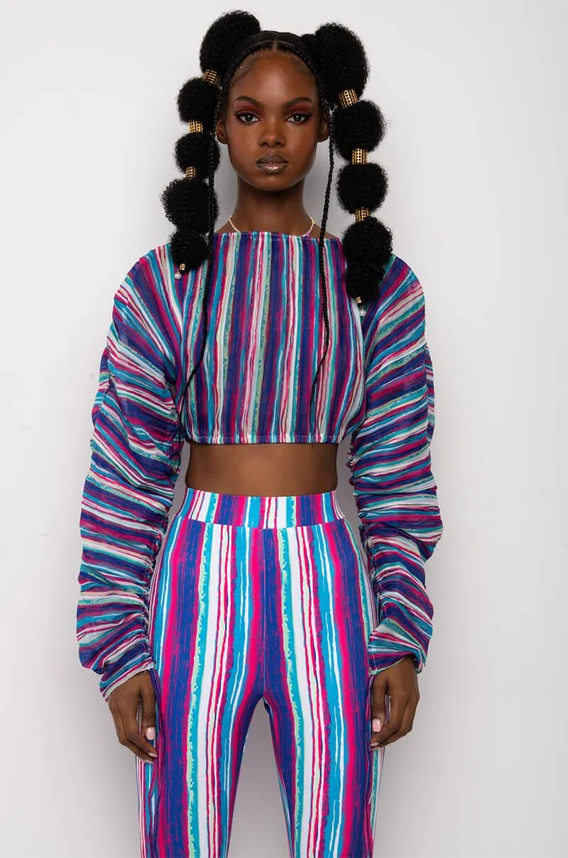 Striped Pleated Crop Top and Leggings Set