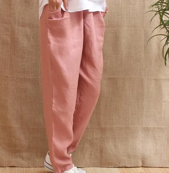 Summer 100% Washed Linen Women Pants