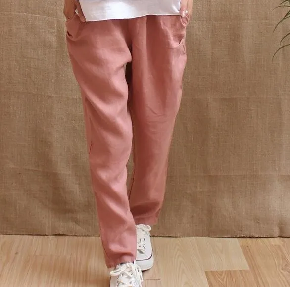 Summer 100% Washed Linen Women Pants