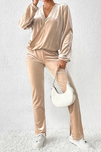 Surplice Long Sleeve Top and Slit Pants Set