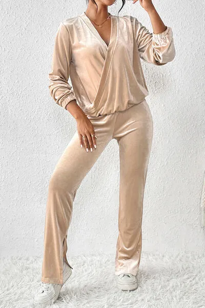 Surplice Long Sleeve Top and Slit Pants Set