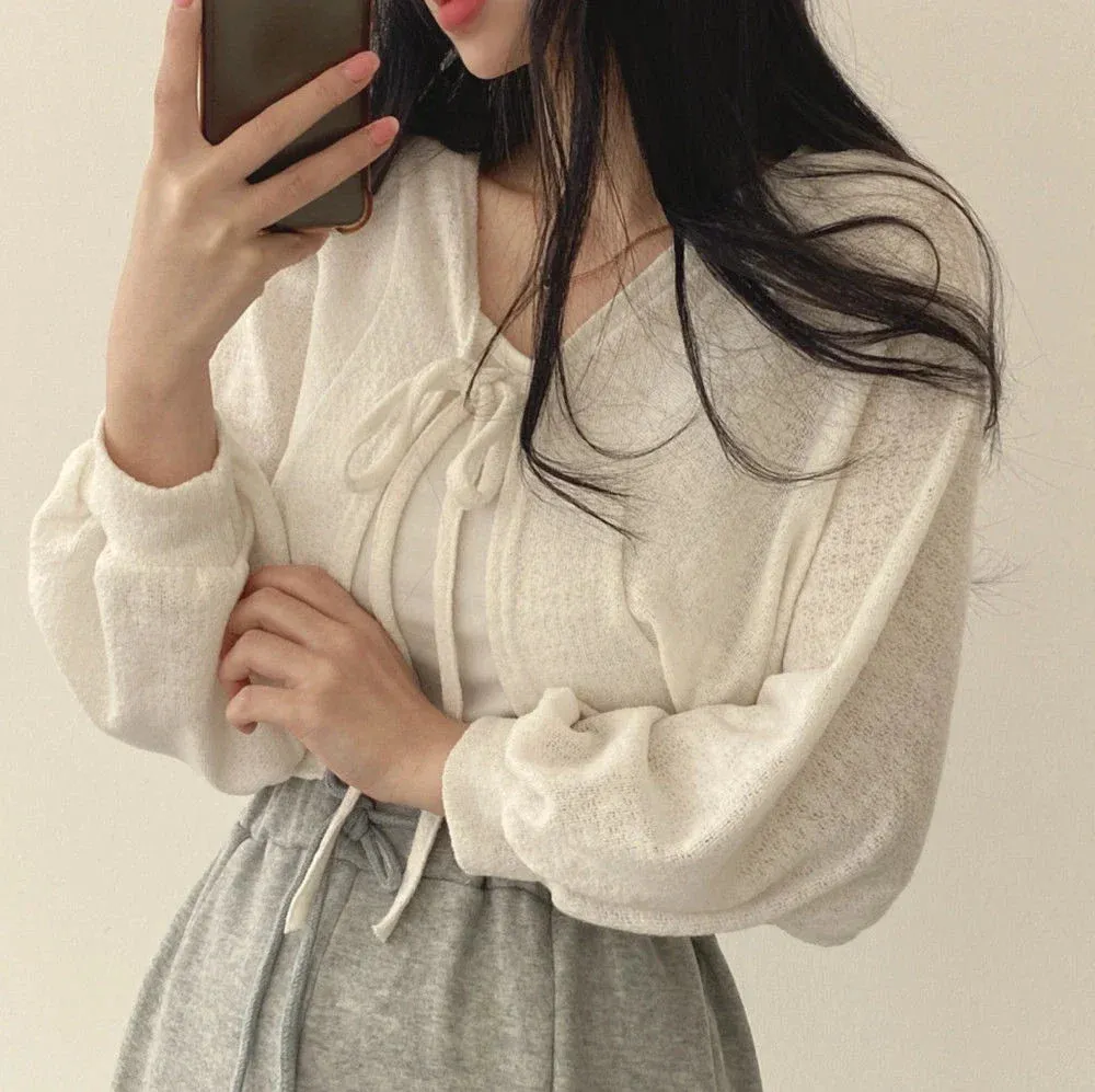 Thin White Cardigan Women Summer Sunscreen Lace-up Knitwear Tops Lady Korean Style Casual Lantern Sleeve Short Sun Protected Top