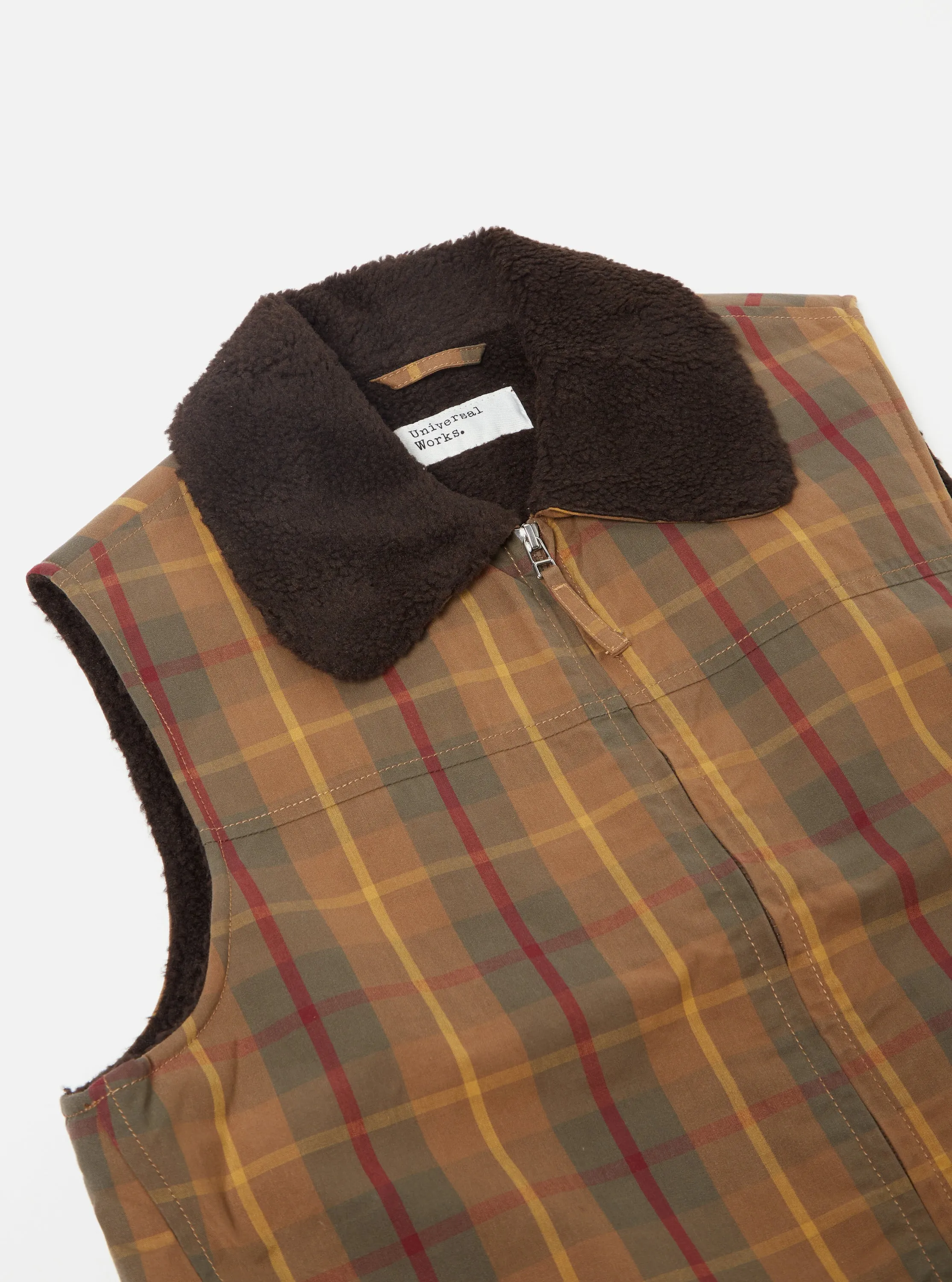 Universal Works Atlas Gilet in Cinnamon British Drywax Check