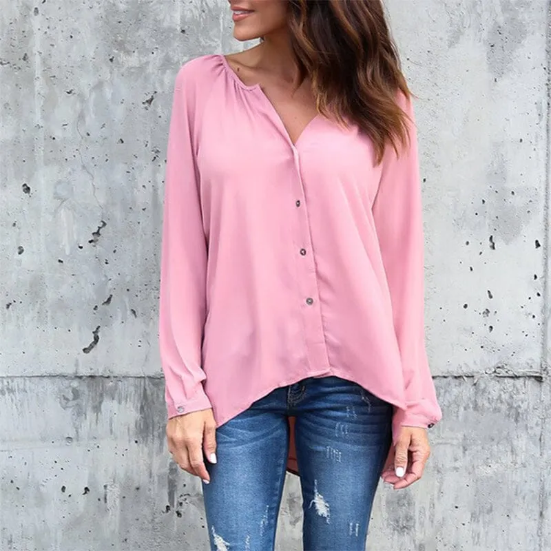 V Neck Button Long Sleeve Loose Chiffon Shirt