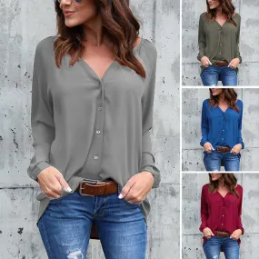 V Neck Button Long Sleeve Loose Chiffon Shirt