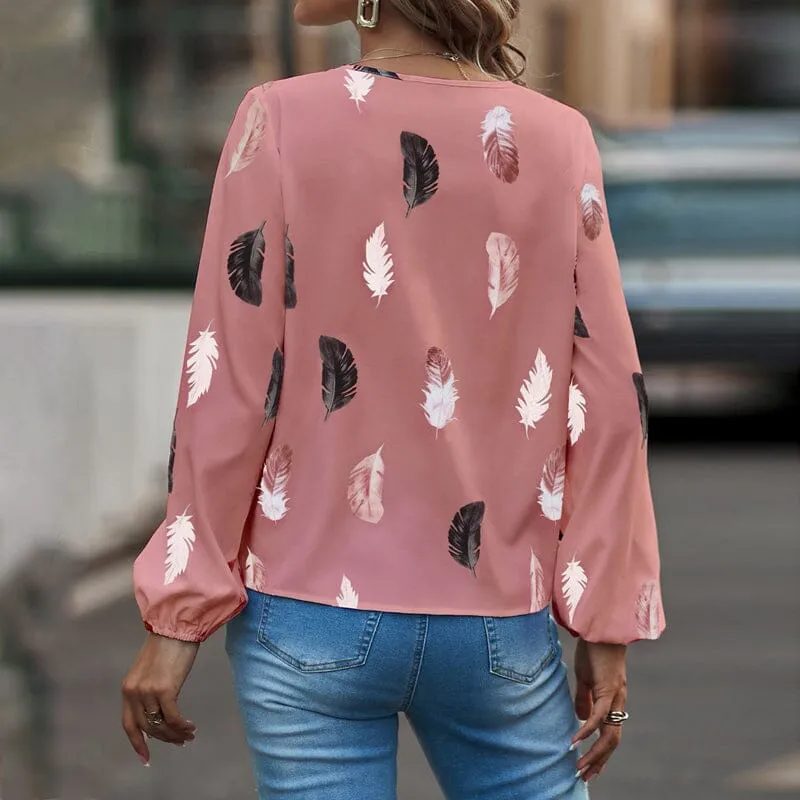 V Neck Feather Print T-Shirt