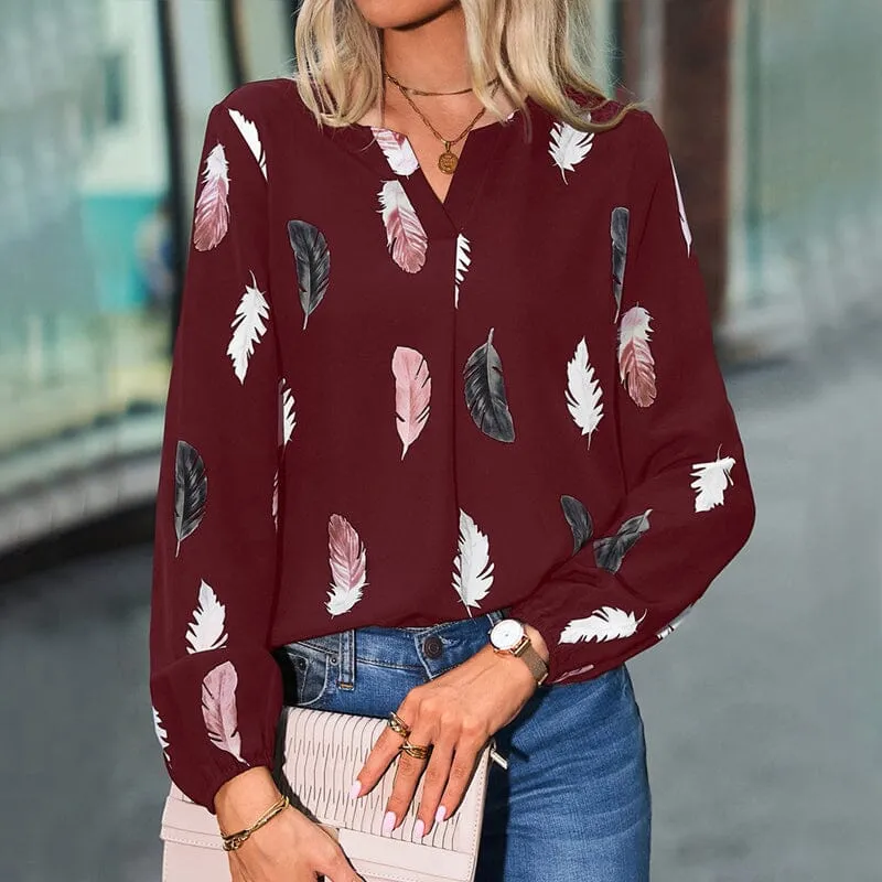 V Neck Feather Print T-Shirt