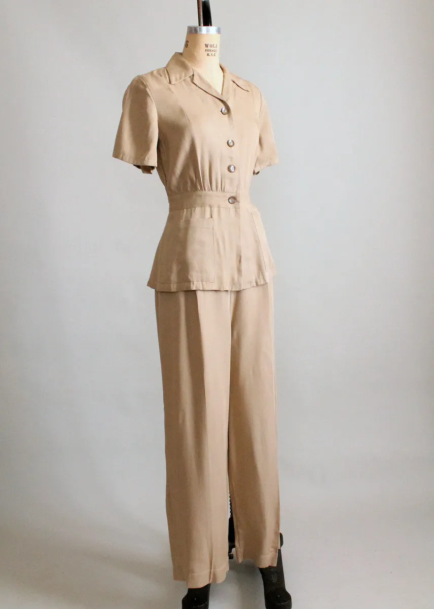 Vintage 1940s Military Inspired Gabardine Jacket and Pants Set