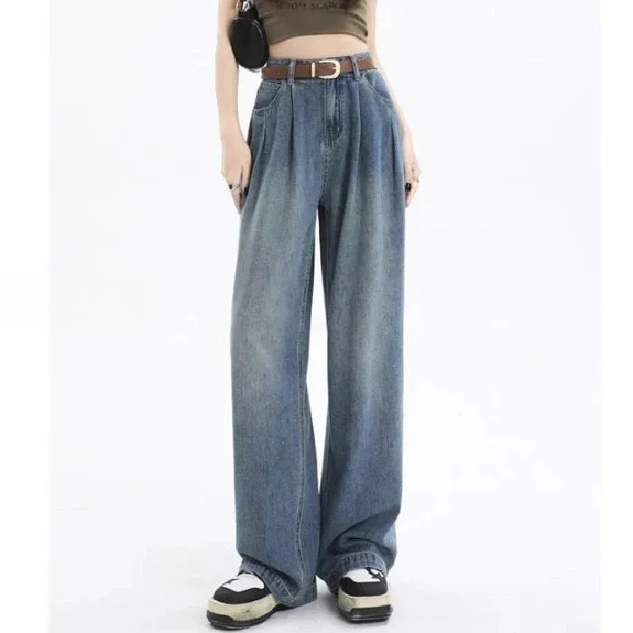 Vintage High-Waisted Wide-Legged 2024 New Spring Straight Loose Small Size Jeans