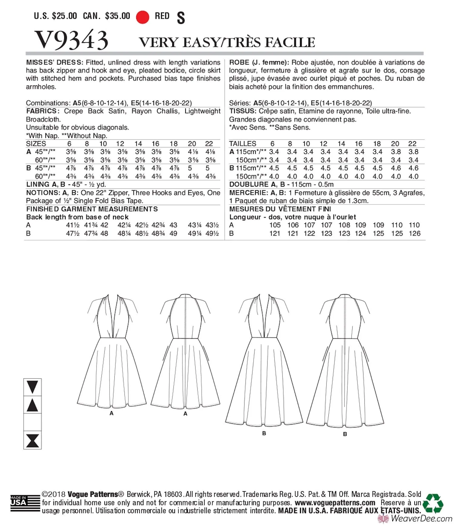 Vogue Pattern V9343 Misses' Dress