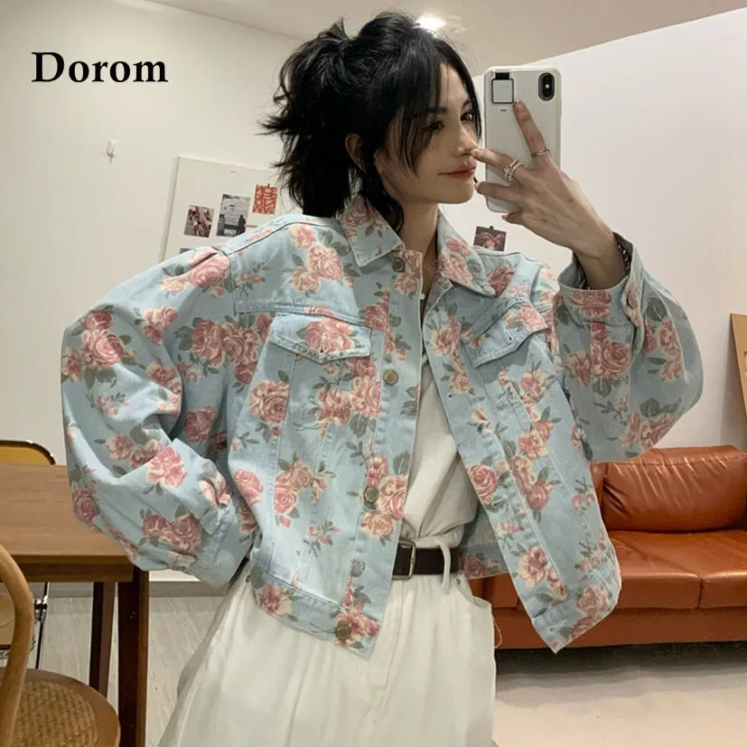 Wenkouban Autumn Women's Denim Cropped Jacket Vintage Floral Print Single Breasted Short Jeans Jacket Female Casual Long Sleeve Loose Coat