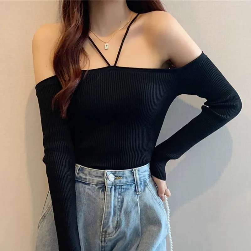 Wenkouban Harteen Slim Without Shoulder Crop Sweater Long Sleeve Top Female Chic Knitted Short Tops Soild All-Match Girl Halter Sweaters