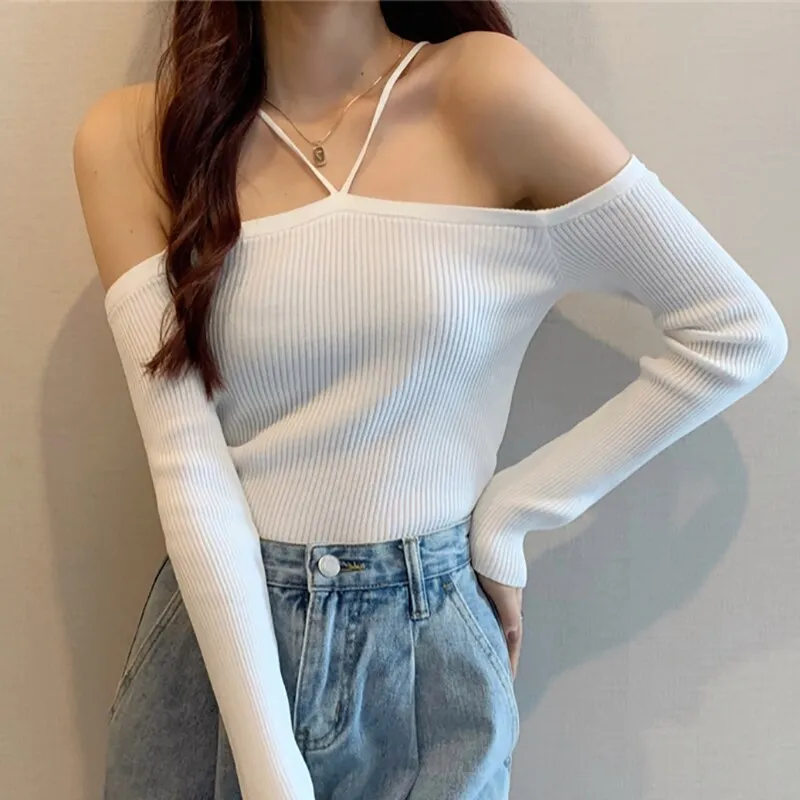 Wenkouban Harteen Slim Without Shoulder Crop Sweater Long Sleeve Top Female Chic Knitted Short Tops Soild All-Match Girl Halter Sweaters