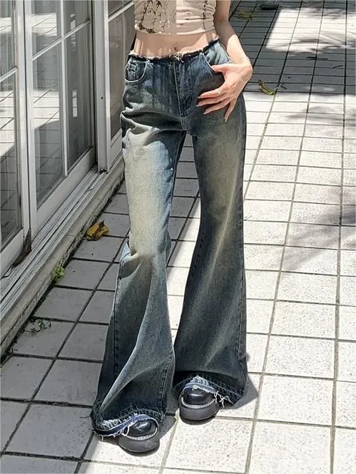 Wenkouban Vintage Washed Low Waist Flared Pants