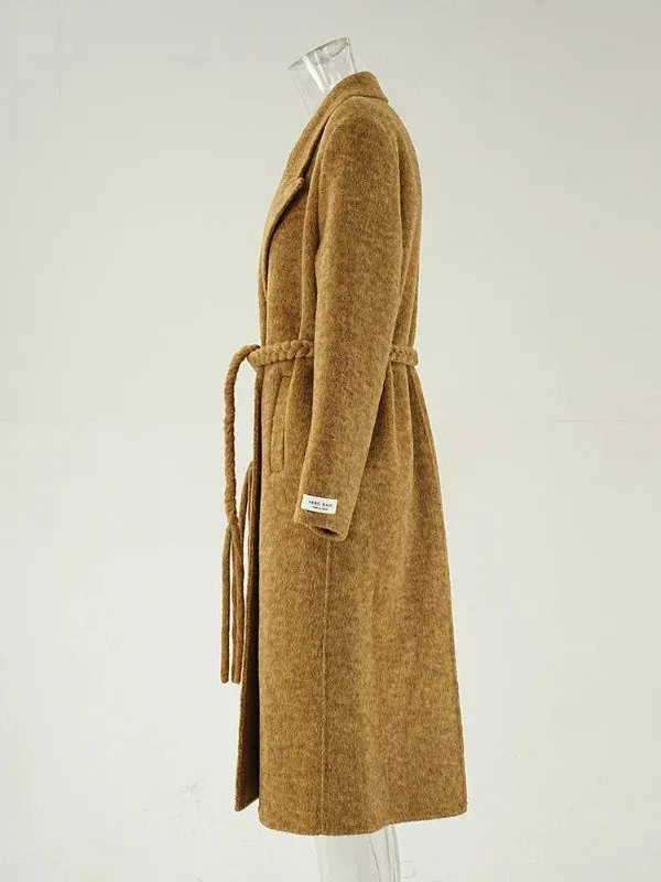 Wenkouban-Winter outfits Christmas Black Friday Camel Notched Collar Tie-Up Tassel Wool Overcoat