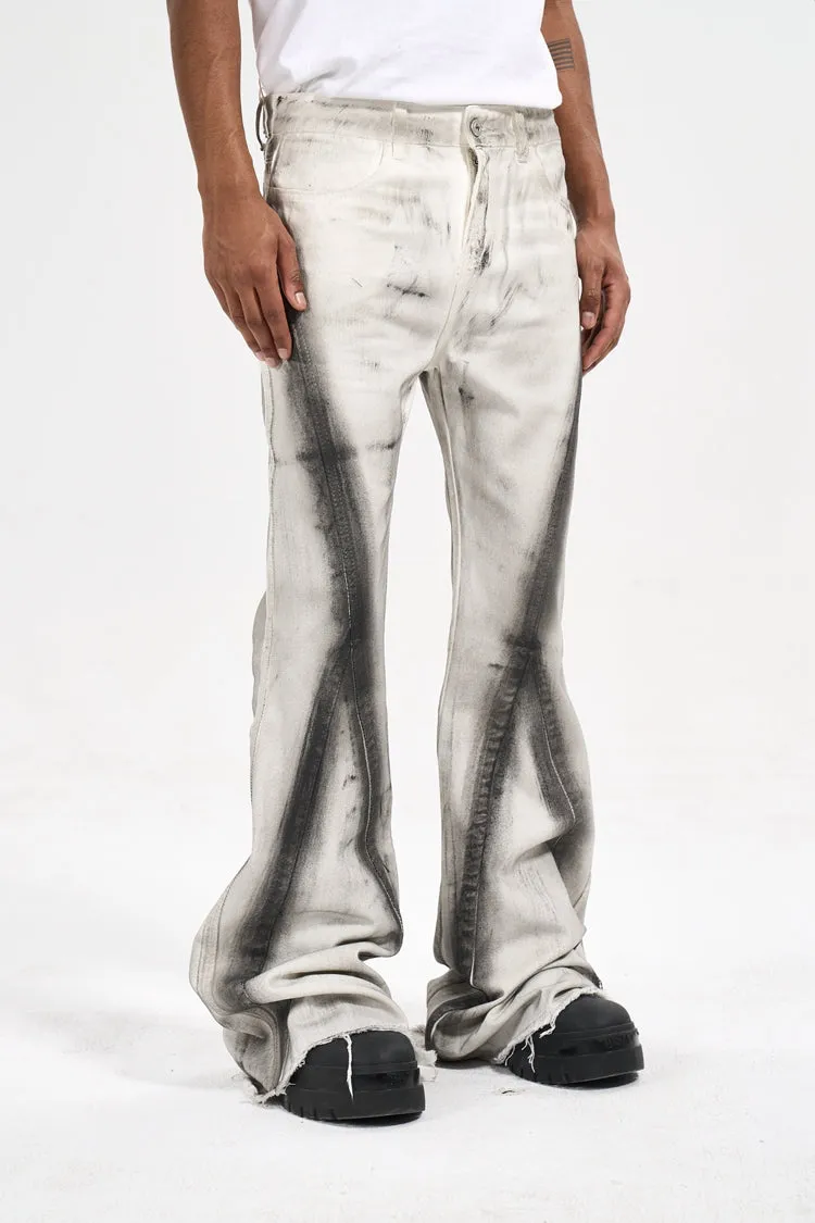 Wide-Fit Flared Raw Edge Graffiti Denim Jean Pants