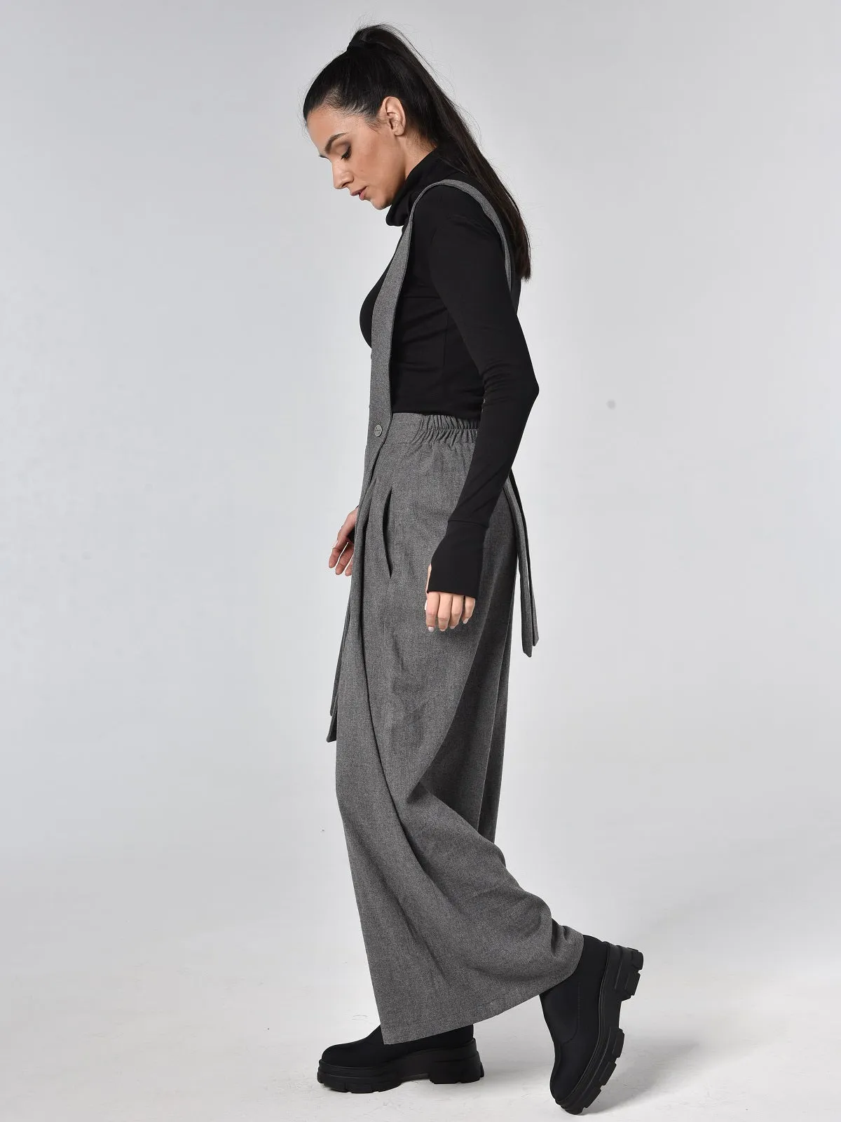 Wide-Leg Wool Pants With Suspenders