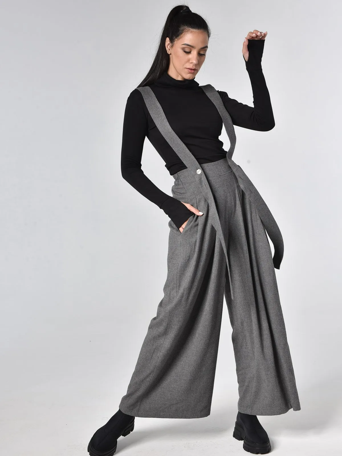 Wide-Leg Wool Pants With Suspenders