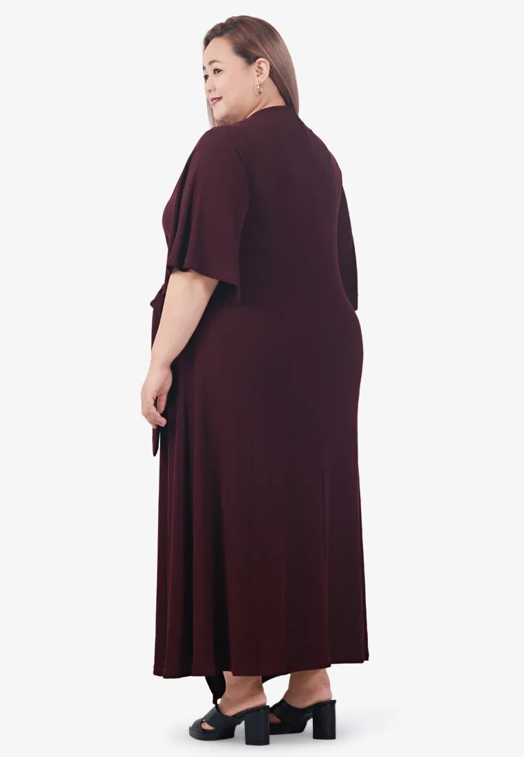 Wilda Ribbed Faux Wrap Midi Dress - Burgundy