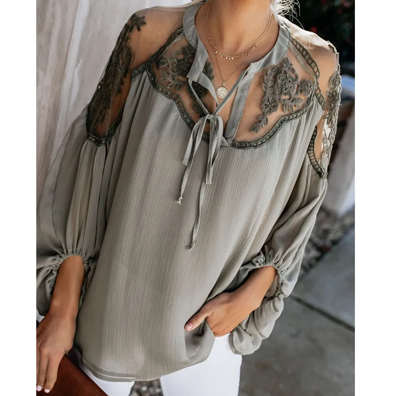 Women Casual Long Sleeve Loose Chiffon Embroidery Blouse