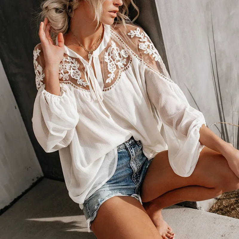 Women Casual Long Sleeve Loose Chiffon Embroidery Blouse