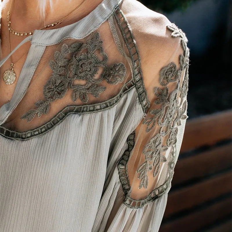 Women Casual Long Sleeve Loose Chiffon Embroidery Blouse